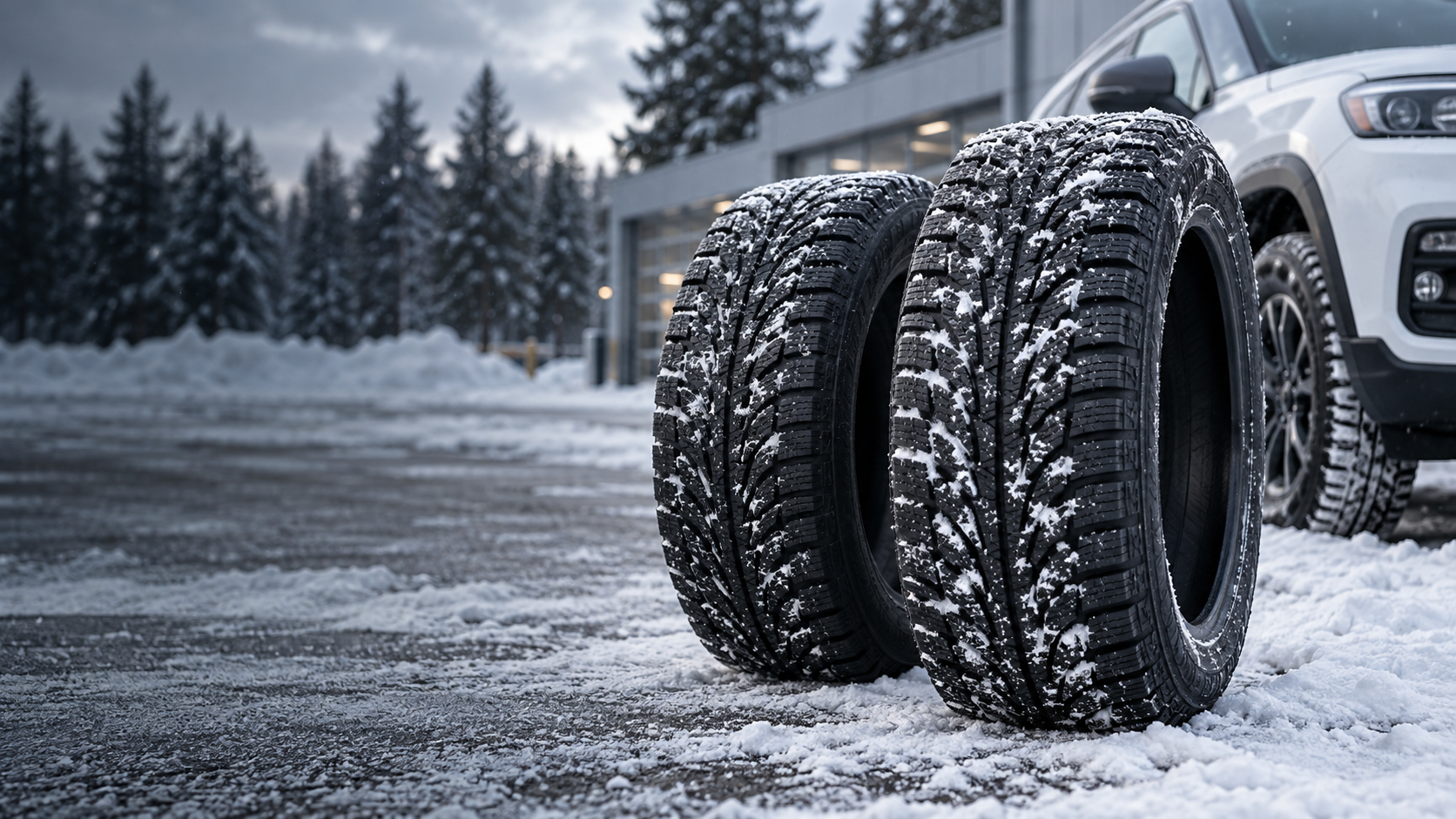 Winter tires with snow in the tread beside a white SUV on a snowy forecourt